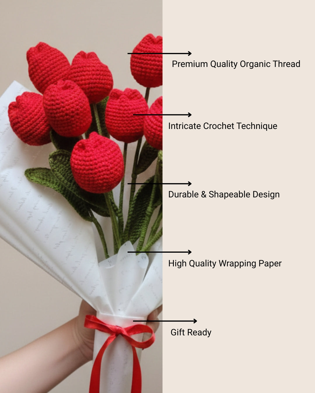 Handmade Crochet Red Tulip Jumbo Bouquet