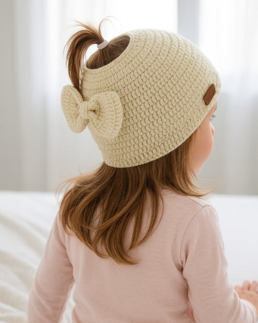 Off White Self Design Beanie Bow Handmade Knitted Woollen Cap for Girls