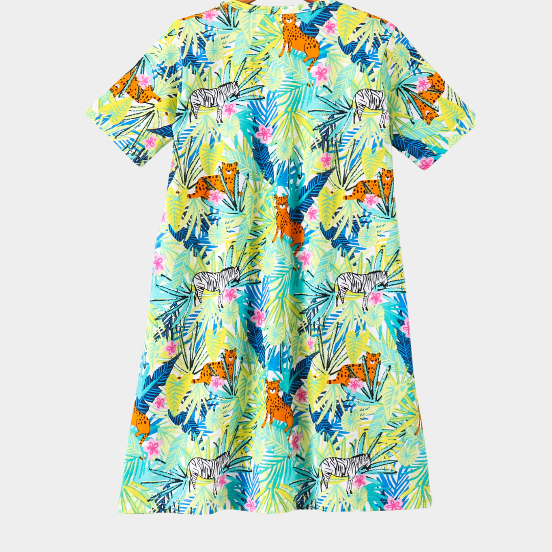 Multicolor Jungle Print Cotton Night Dress for Girls
