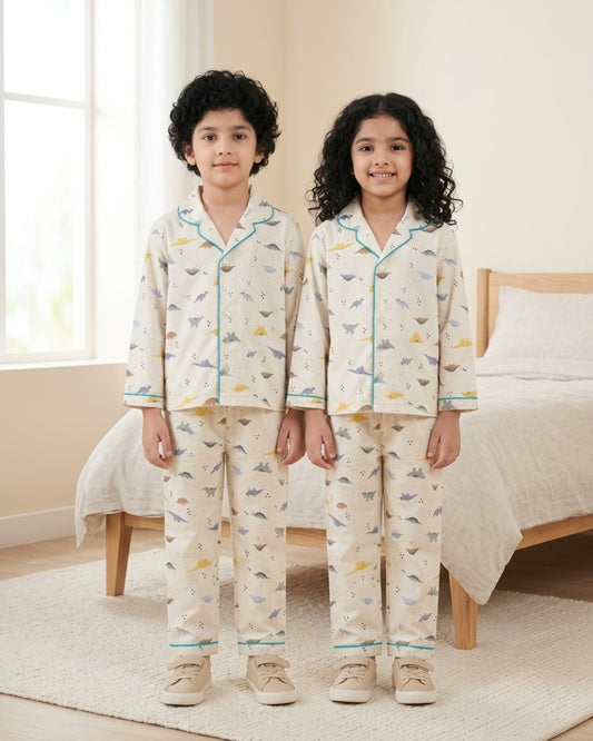 Penguine Printed Premium Cotton Full Sleeves Collor Style White Nightsuit for Girls & Boys