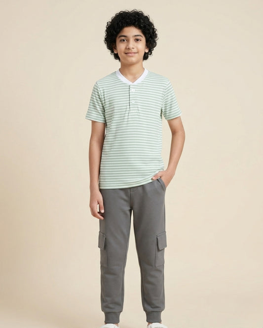 Strips Printed Premium Cotton Half Sleeves Green & White T-Shirt with Grey Jogger for Boys