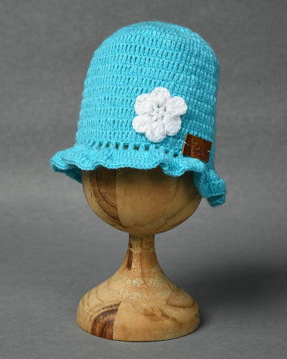Blue Self Design Beanie Handmade Knitted Woollen Cap for Girls
