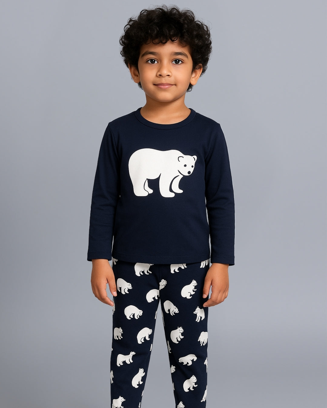 Navy Blue Bear Printed Cotton Loungewear for Kids