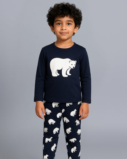 Navy Blue Bear Printed Cotton Loungewear for Kids