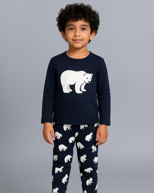 Navy Blue Bear Printed Cotton Loungewear for Kids