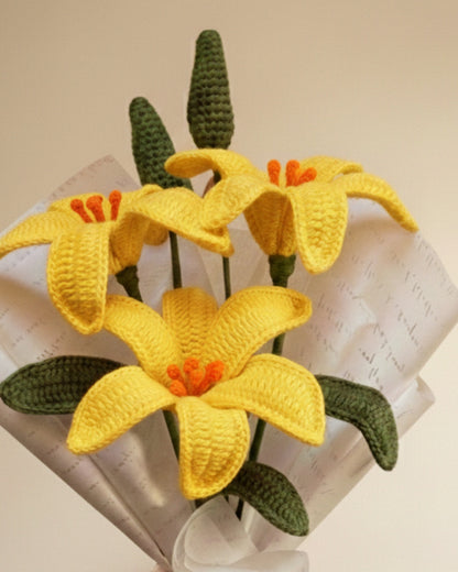 Handmade Crochet Premium Organic Thread Yellow Lily Bouquet