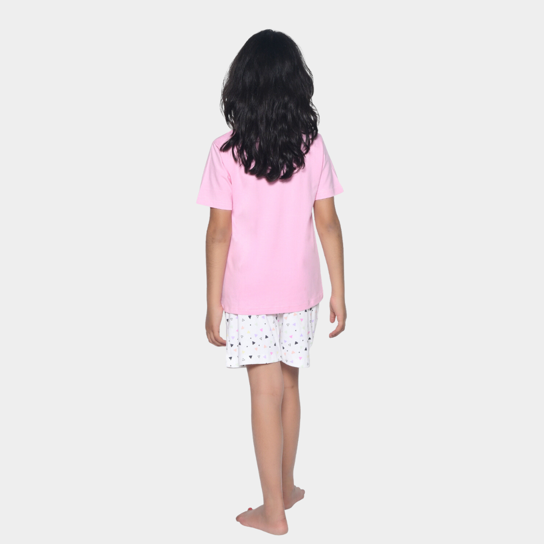 Girls Pink & Off White Typography Printed Night suit