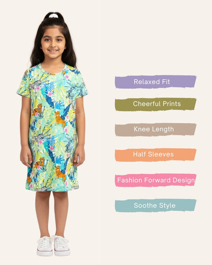 Multicolor Jungle Print Cotton Night Dress for Girls