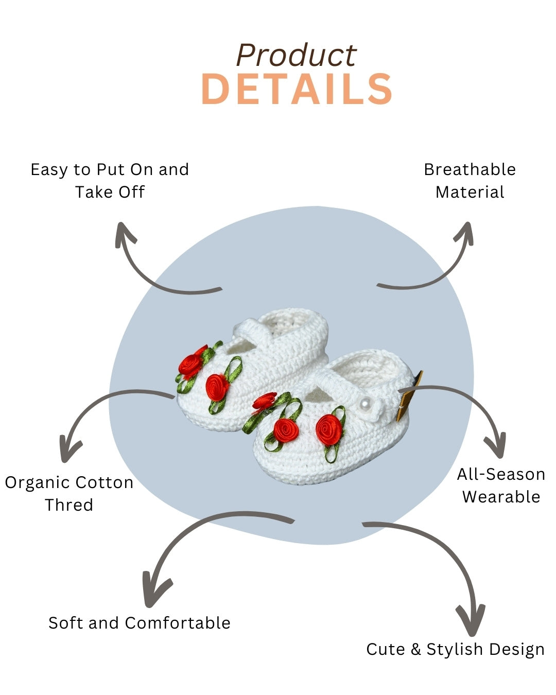 White Handmade Organic Thread Crochet Booties with Red Floral Embellishment for Girls