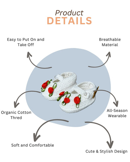 White Handmade Organic Thread Crochet Booties with Red Floral Embellishment for Girls