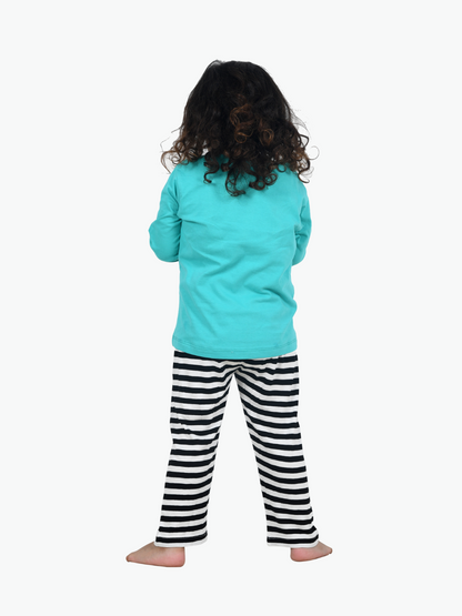 Turquoise Blue Printed Cotton Kids Night Suit