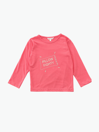 Pink & Off White Printed Cotton Girls Night Suit