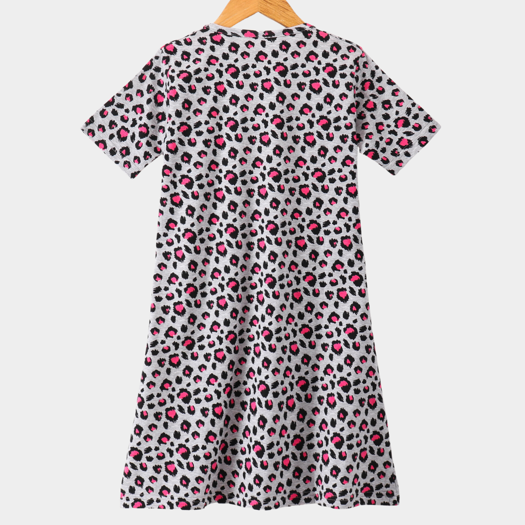 Grey Cheetah Print Cotton Night Dress for Girls