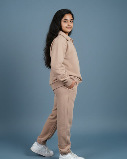 Brown Premium Cotton Full Sleeves Solid lapel Collar Jogger Set for Girls