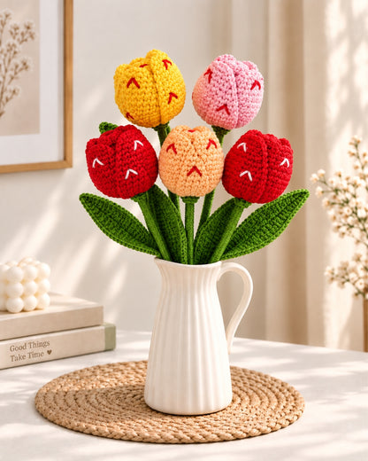 Handmade Crochet Heart Tulip Bouquet/Stick