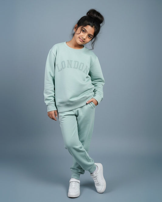 Green Premium Cotton Typographic Printed Jogger Set for Girls