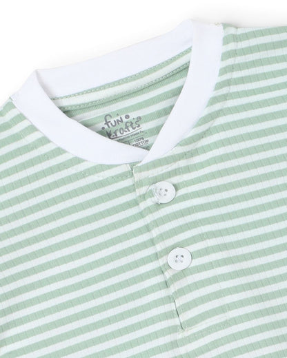 Strips Printed Premium Cotton Half Sleeves Green & White T-Shirt with Grey Jogger for Boys