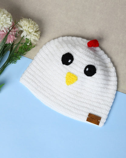 White Self Design Beanie Handmade Knitted Woollen Cap for Kids