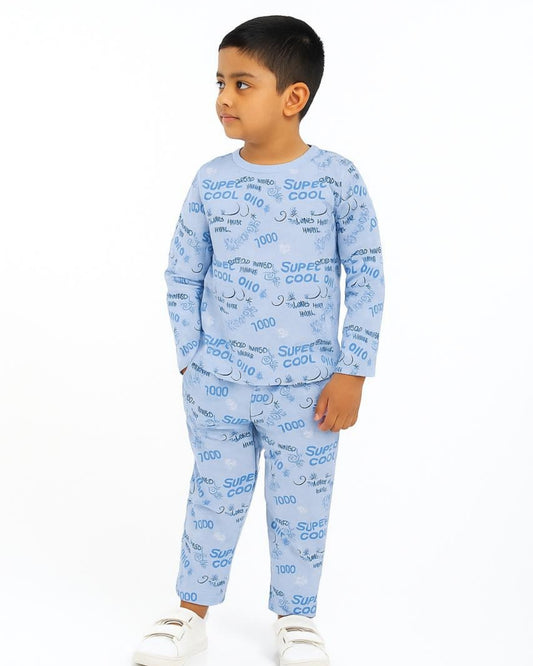 Blue Pure Cotton Cool Typographic Printed Full Sleeves T-Shirt & Pyjama Set for Boys