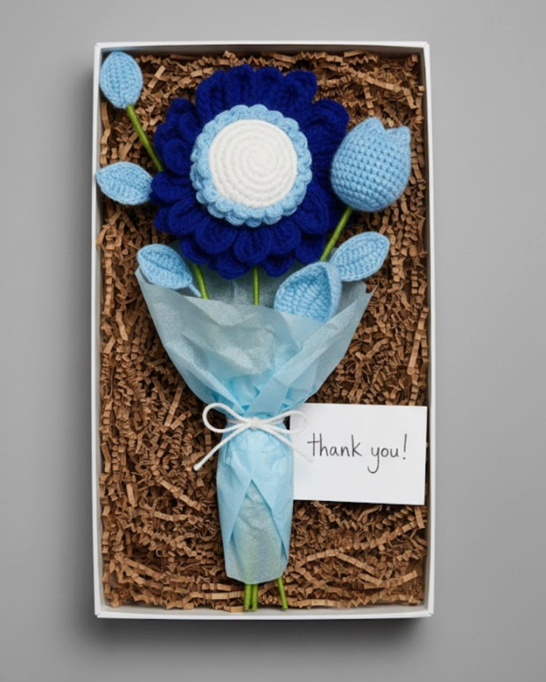 Handmade Blue Sunflower with Tulip Crochet Bouquet