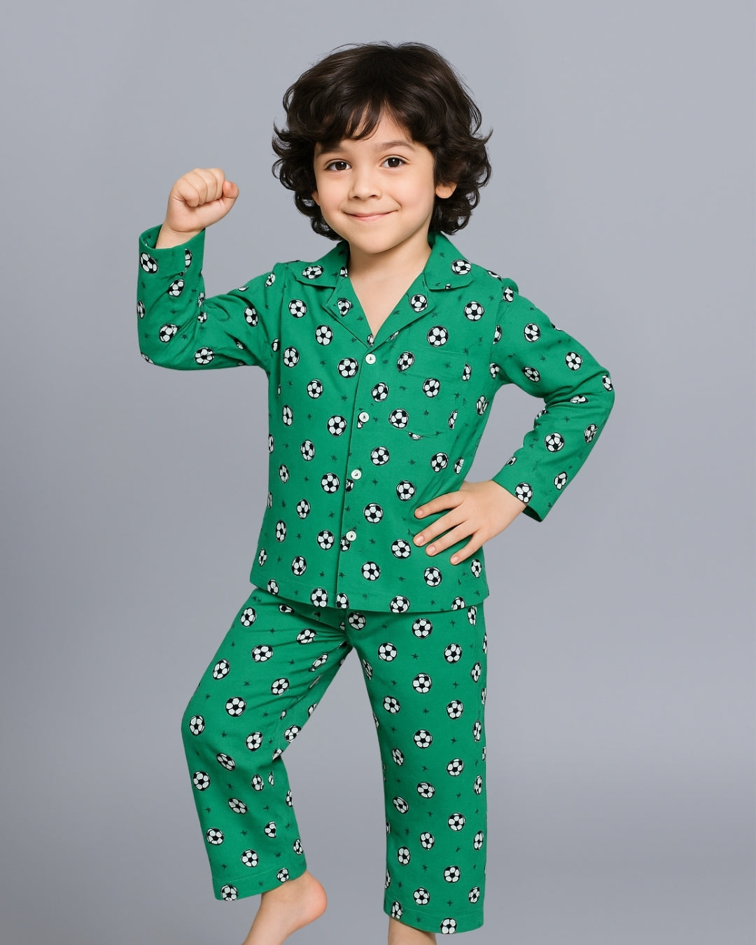 Green Football Printed Cotton Night Dress for Kids