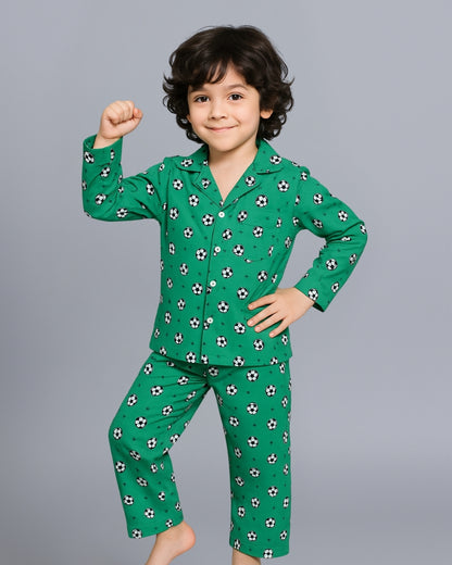 Green Football Printed Cotton Night Dress for Kids