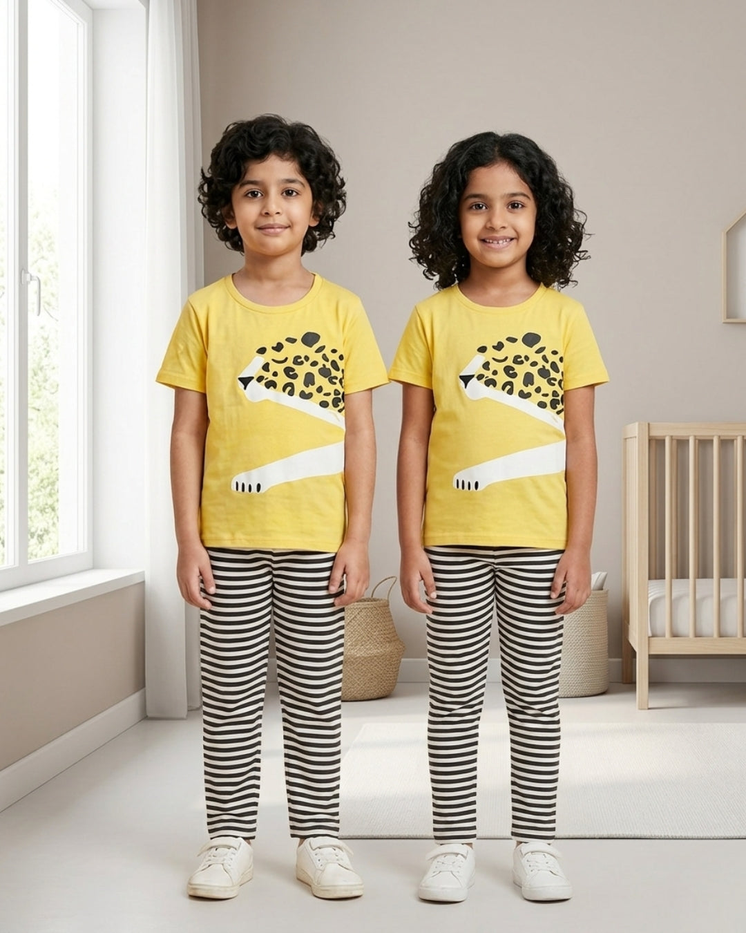 Yellow Tiger Printed Cotton Night Suit For Boys