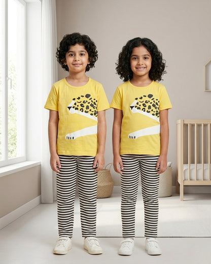 Yellow Tiger Printed Cotton Night Suit For Boys