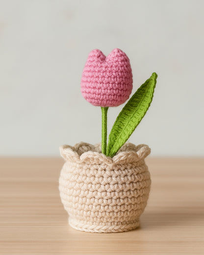 Handmade Crochet Pink Tulip in Decorative Pot
