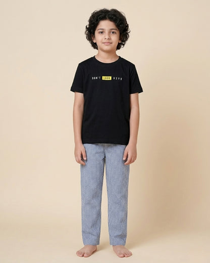 Black Checks Printed Cotton Night Dress For Kids