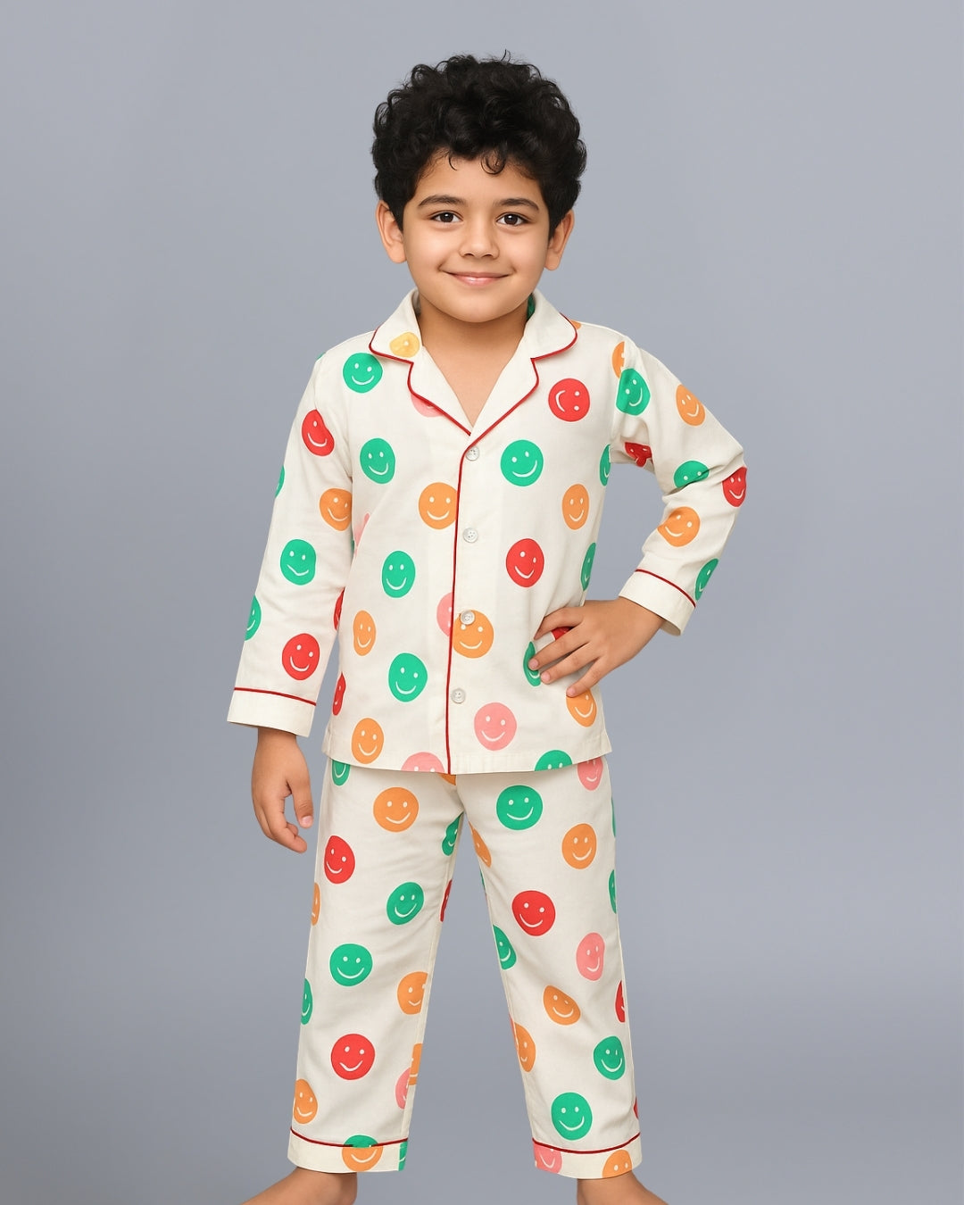 Off White Smiley Printed Cotton Kids Night Suit