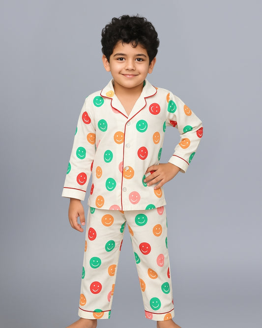 Off White Smiley Printed Cotton Kids Night Suit