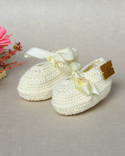 Off White Handmade Organic Thread Crochet Booties with Cute Bow Design