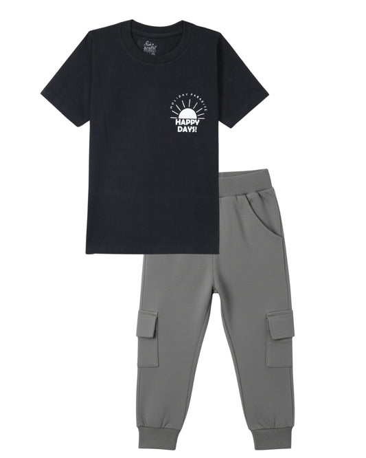 Typographic Printed Premium Cotton Half Sleeves Black T-Shirt with Grey Jogger for Boys