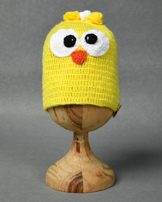 Yellow Self Design Beanie Handmade Knitted Woollen Cap for Kids
