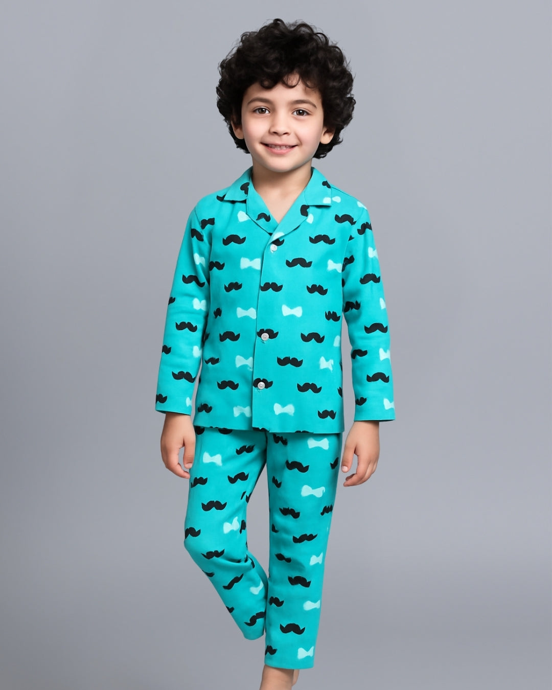 Blue Moustache Printed Cotton Night Dress for Boys