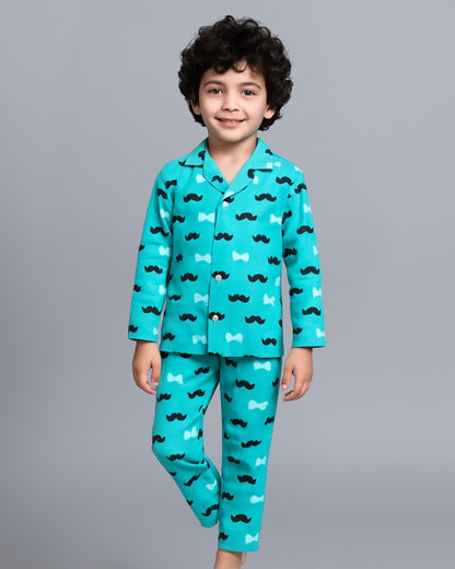 Blue Moustache Printed Cotton Night Dress for Boys