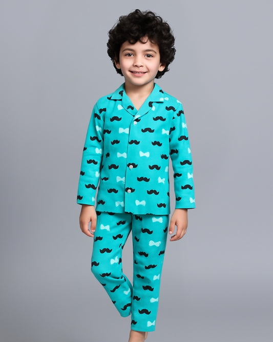 Blue Moustache Printed Cotton Night Dress for Boys