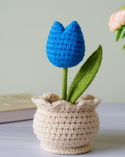 Handcrafted Crochet Blue Tulip with Pot