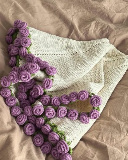 Handmade Crochet Purple Rose Bouquet Throw Blanket