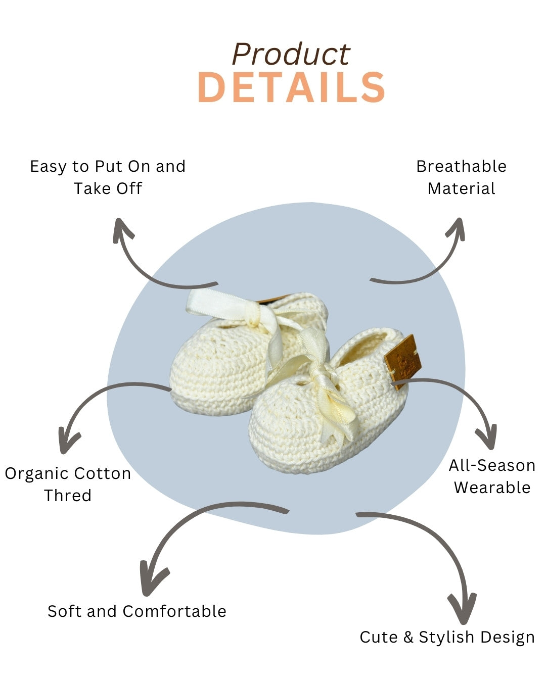 Off White Handmade Organic Thread Crochet Booties with Cute Bow Design