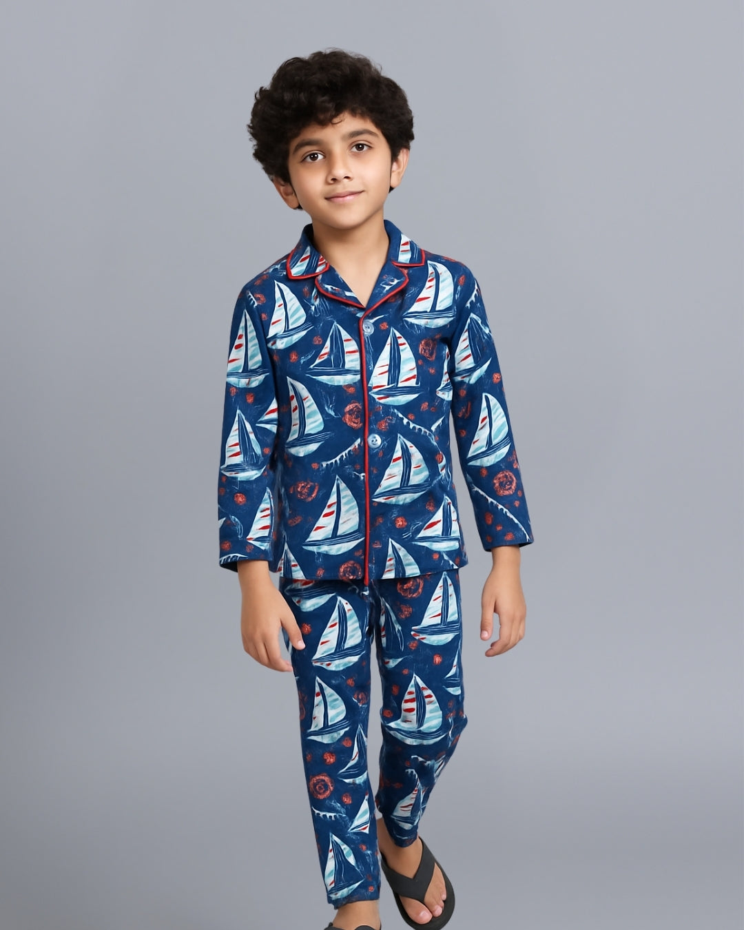 Blue Nautical Printed Cotton Night Dress for Boys