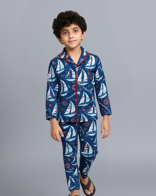 Blue Nautical Printed Cotton Night Dress for Boys