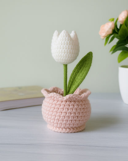 Handmade Crochet White Tulip Flower with Pot