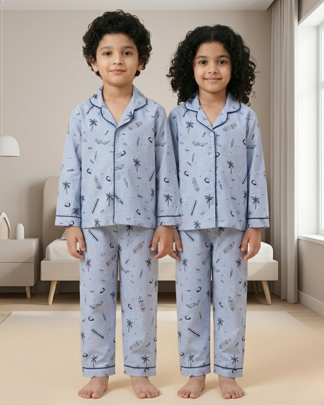 Blue Premium Cotton Full Sleeves Graphic Printed Collar Style Nightsuit for Boys & Girls