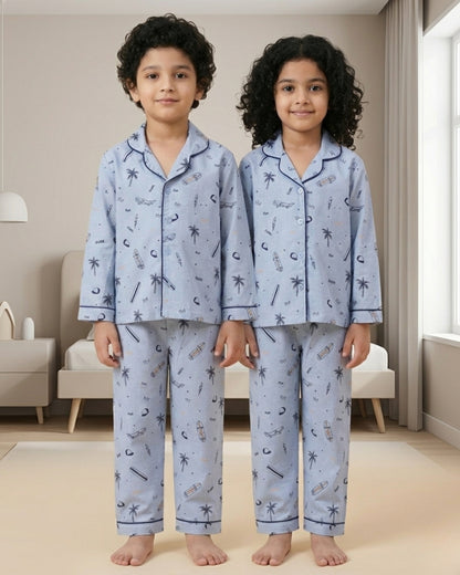 Blue Premium Cotton Full Sleeves Graphic Printed Collar Style Nightsuit for Boys & Girls