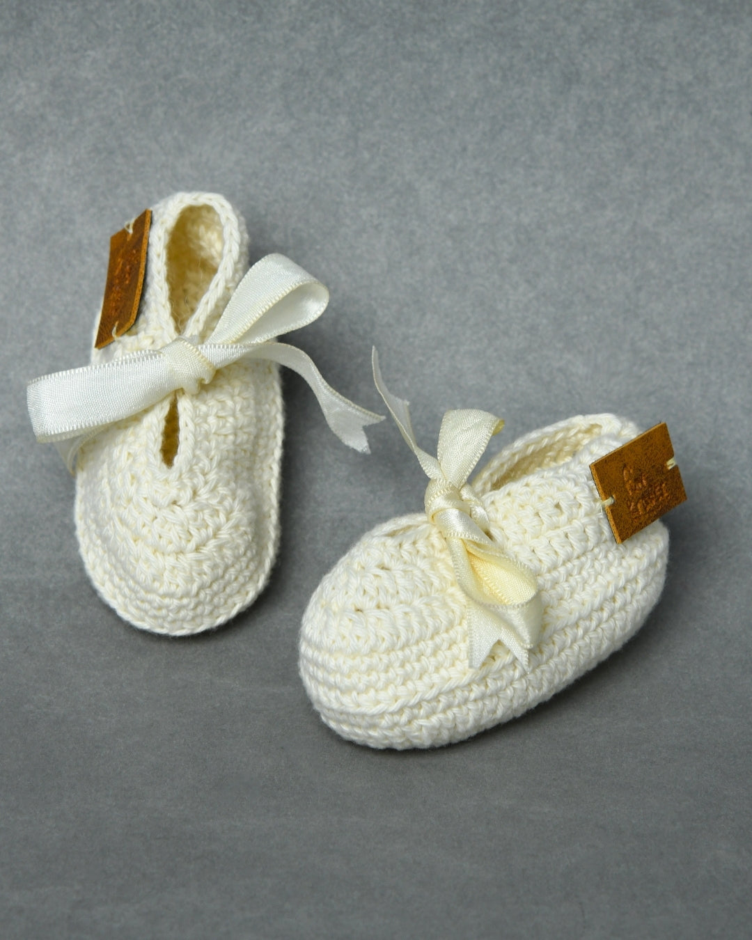 Off White Handmade Organic Thread Crochet Booties with Cute Bow Design