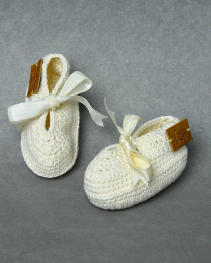 Off White Handmade Organic Thread Crochet Booties with Cute Bow Design