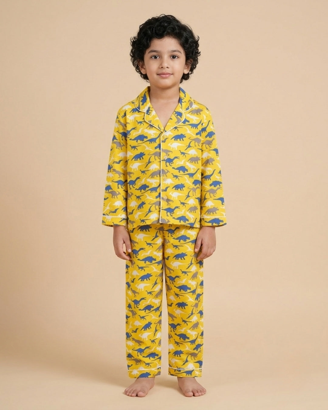 Yellow Premium Cotton Full Sleeves Dinosaur Printed Collar Style Nightsuit for Kids