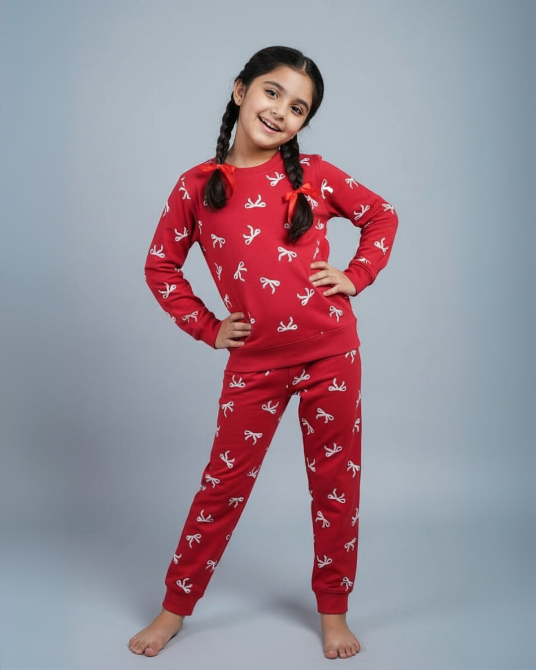 Red Signature Cotton Bow Printed Jogger Set for Girls